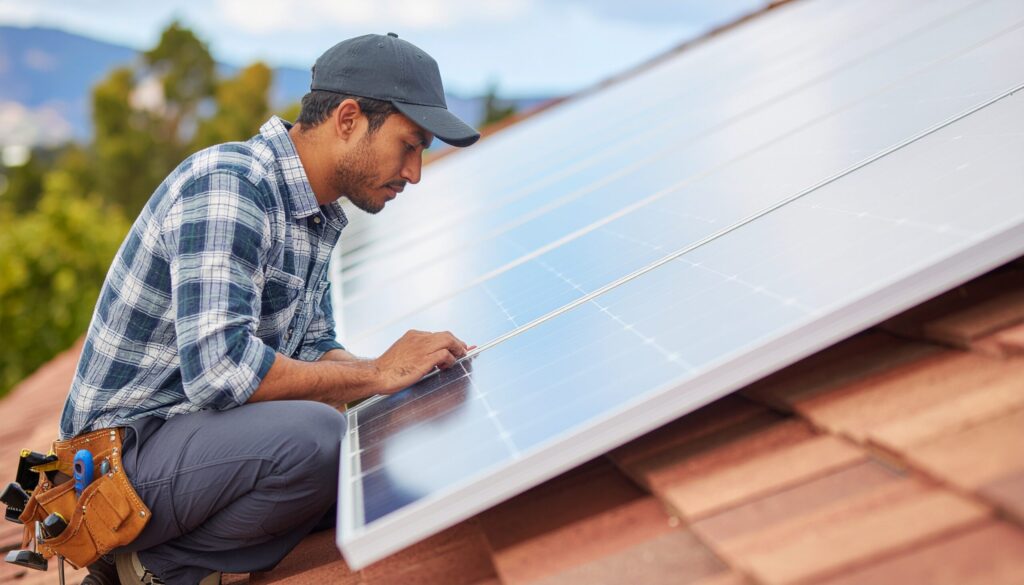 Technician installing rooftop solar panels for a Kerala home, showcasing quality workmanship by the best solar company in Kerala for residential solar systems.