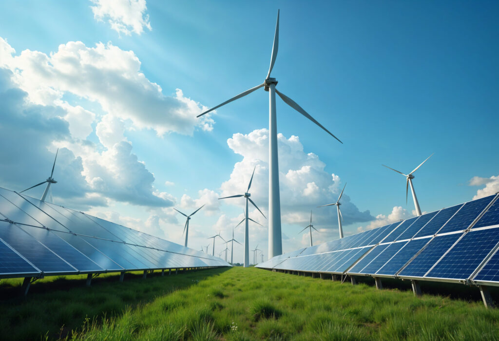 Renewable energy landscape with solar panels and wind turbines representing the innovation of the top 10 solar companies in Kerala