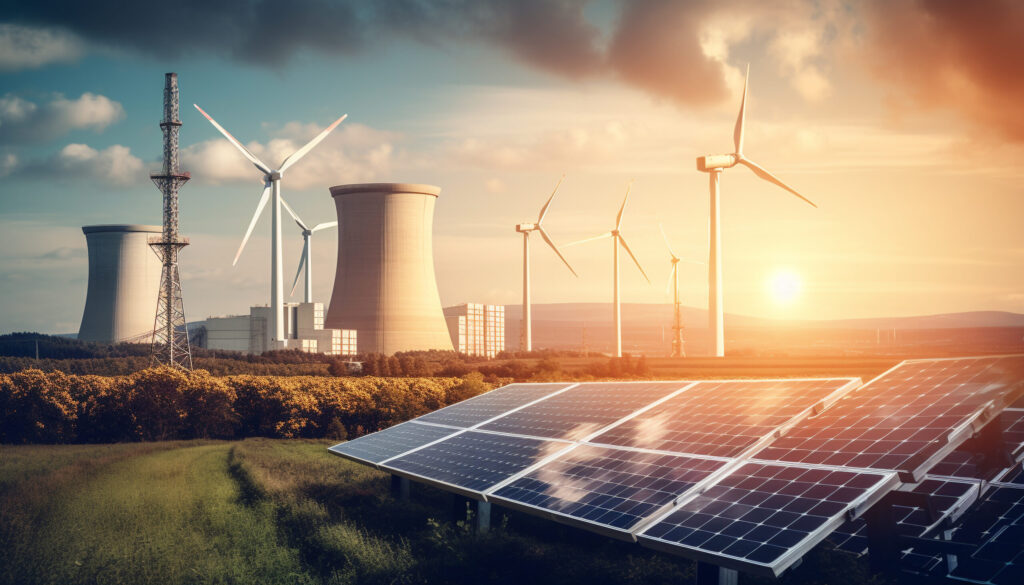 Top solar companies in Kerala driving the future of renewable energy with solar panels, wind turbines, and modern power infrastructure under a bright sunrise